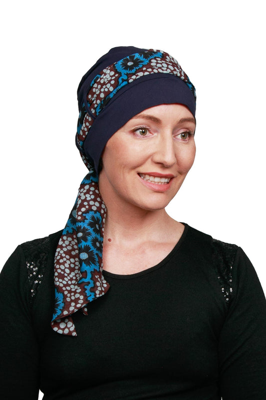 Blue Daisy Cancer Scarf Hat - Blue 1 - Kaus Hats