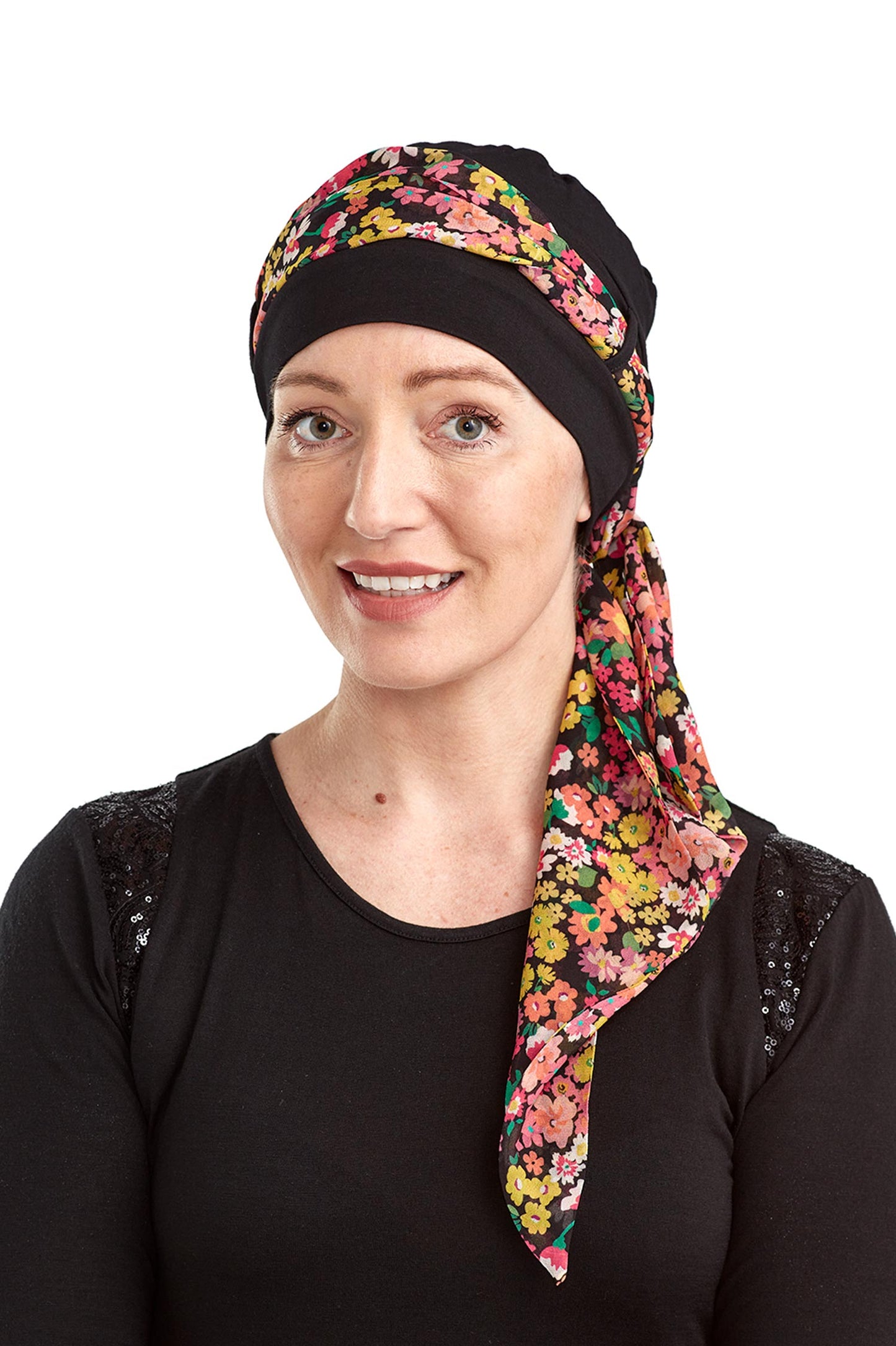 Ditsy Cancer Scarf Hat - Black Floral - Kaus Hats1