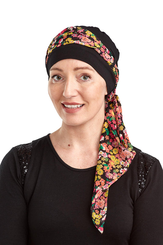 Ditsy Cancer Scarf Hat - Black Floral - Kaus Hats1