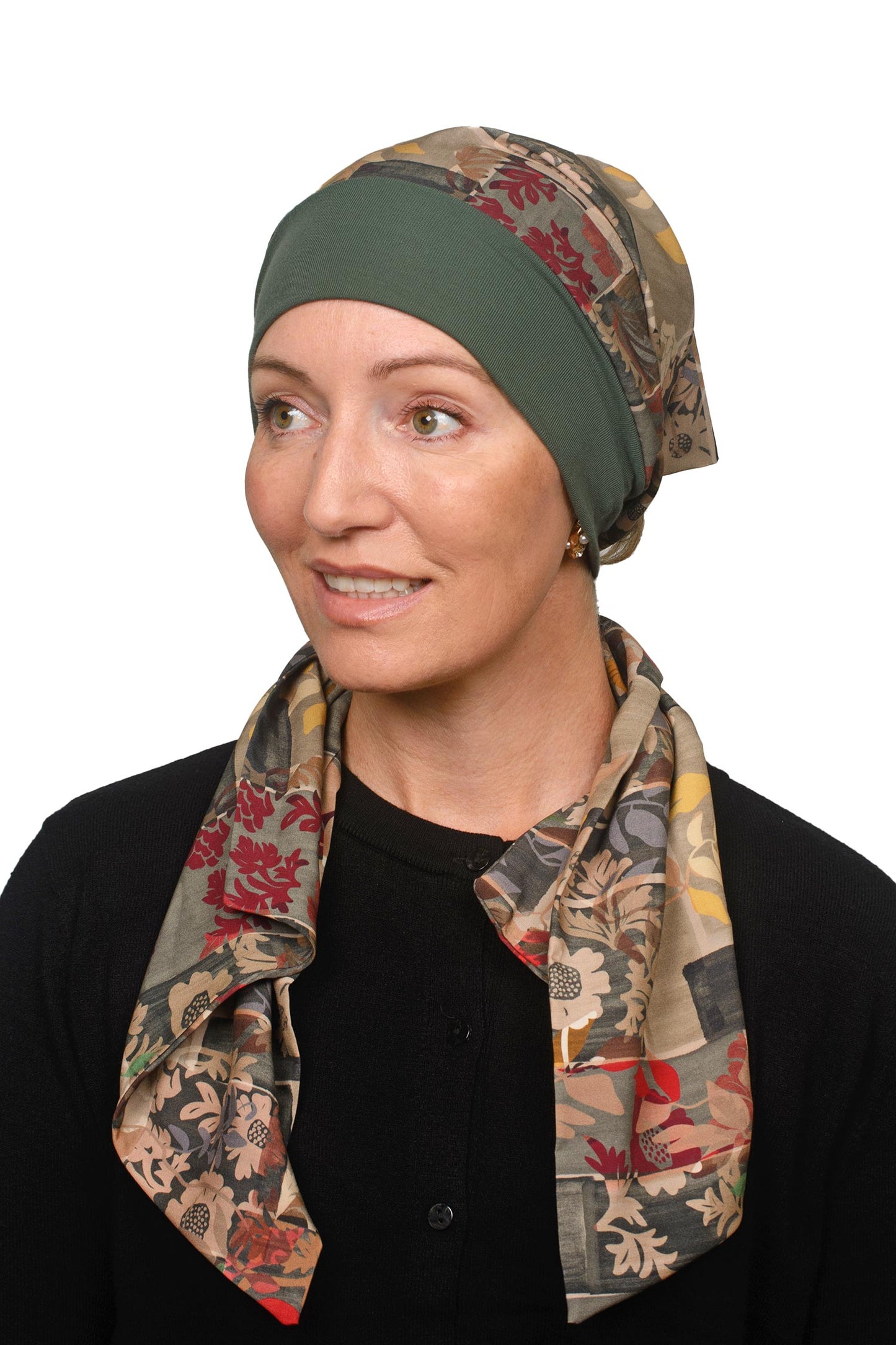Women wearing a green scarf hat with scrunchie for cancer as a headcovering