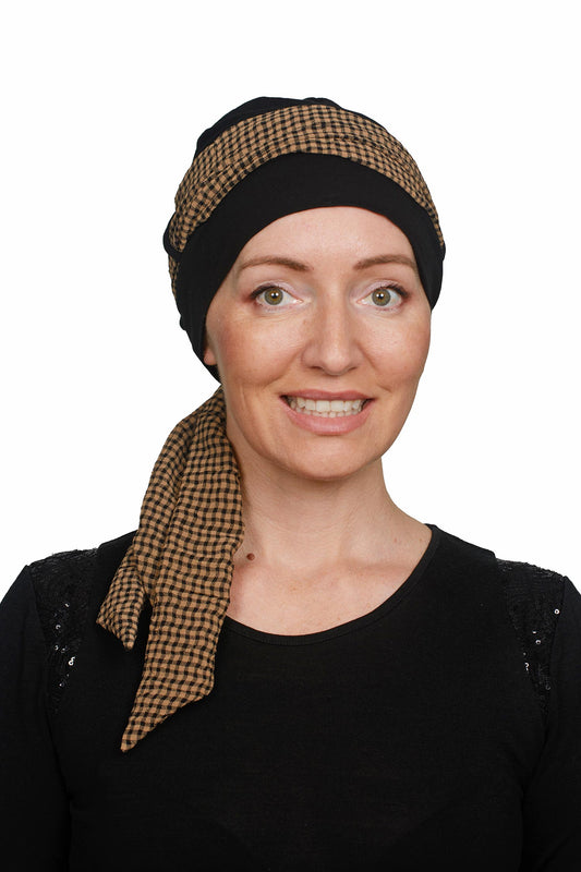 Checkerboard Cancer Scarf n Cap - Black Brown - Kaus Hats1