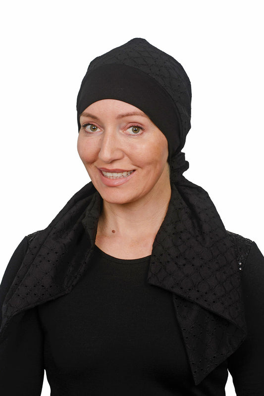 Women wearing a cancer scarf hat with a scrunchie and a band with embroidery cotton fabric as a wearable head scarf