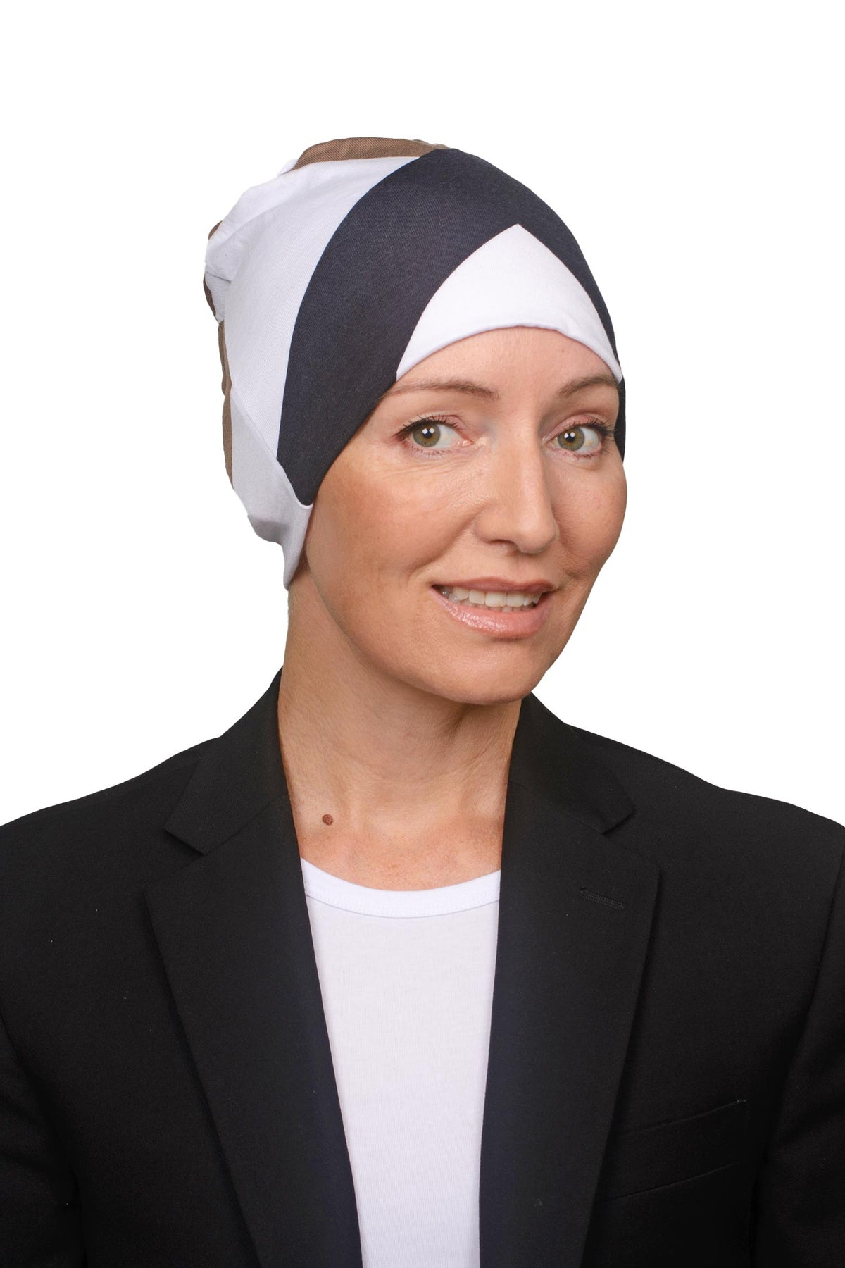 Women Wearing a mocha and black and white nightcap as a head covering for hair loss