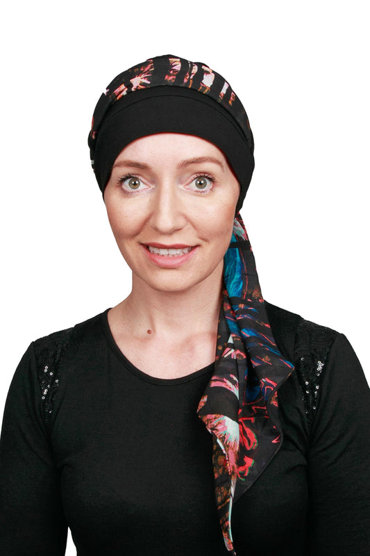 Nebula Scarf Cancer Hat - Black Floral Red 1 - Kaus Hats