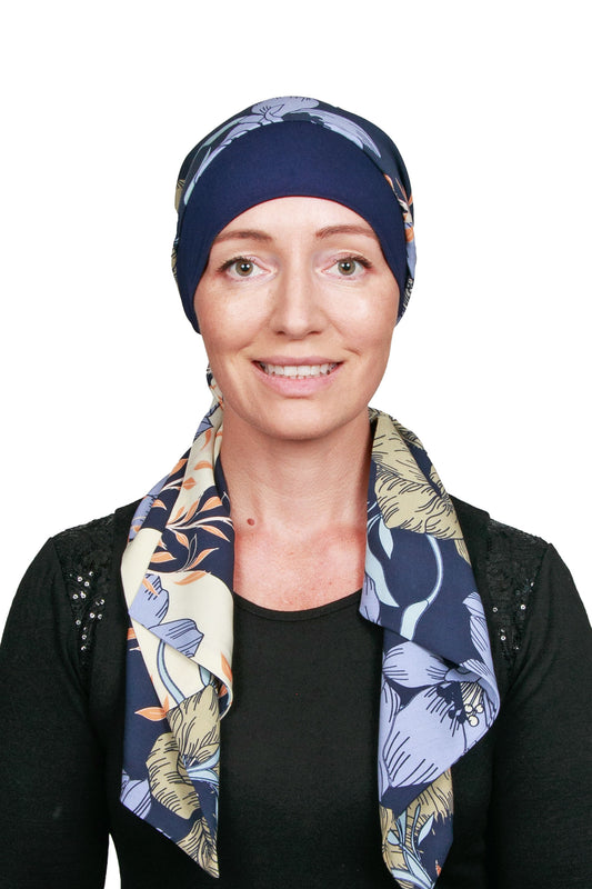 Nikita Scarf and Scrunchie Cancer Hat - Ink Floral - Kaus Hats