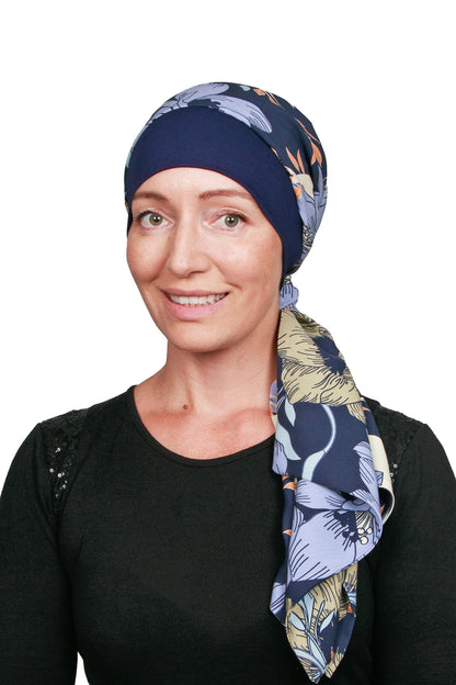 Nikita Scarf and Scrunchie Cancer Hat - Ink Floral 1 - Kaus Hats