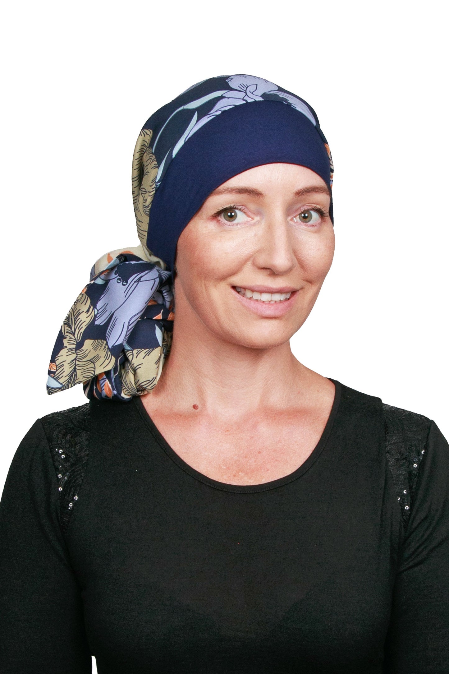 Nikita Scarf and Scrunchie Cancer Hat - Ink Floral 2 - Kaus Hats