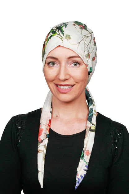 Orchard Cancer Wrap n Twist Hat - Floral Cream 1 - Kaus Hats