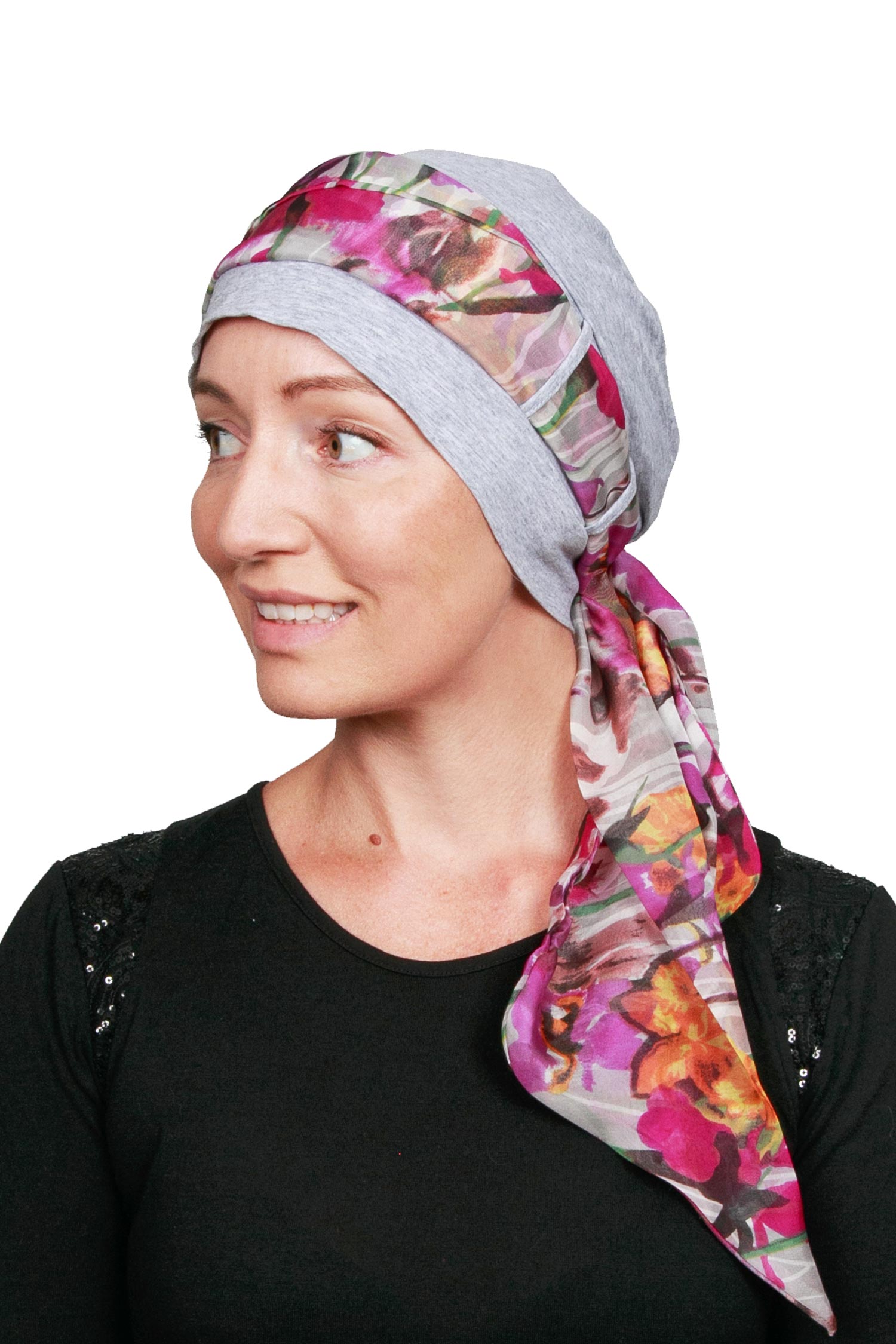 Serenity Cancer Scarf Hat - Silver Pink Floral 1 - Kaus Hats