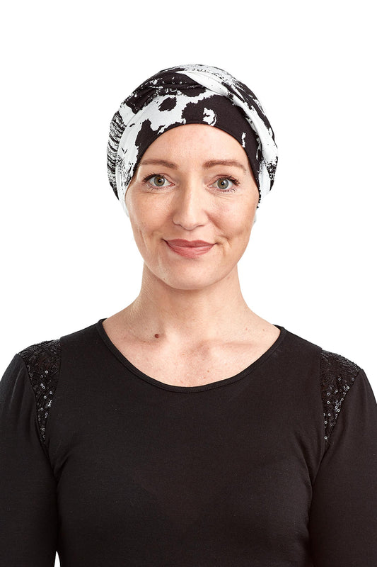 Painterly Cancer Wrap n Twist Hat - Black White 1 - Kaus Hats