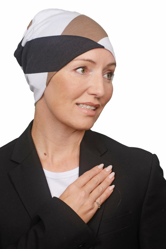 women wearing a cancer nightcap in black white and mocha as a head covering