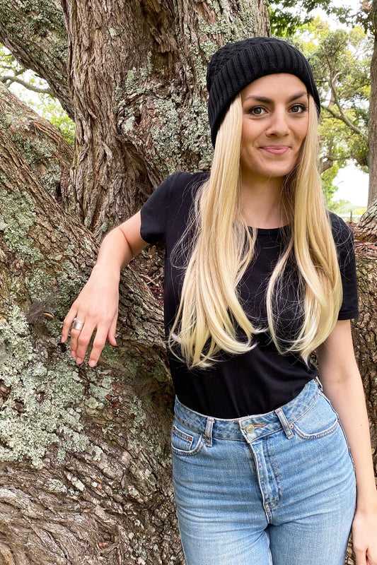 Blonde Cancer Wig Beanie- Black 1 - Kaus Hats