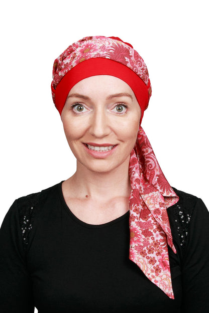 Daisy Cancer Scarf Hat - Red Pink 1 - Kaus Hats