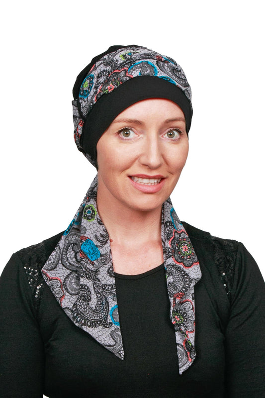 Neon Scarf Cancer Hat - Paisley Grey Black 1 - Kaus Hats