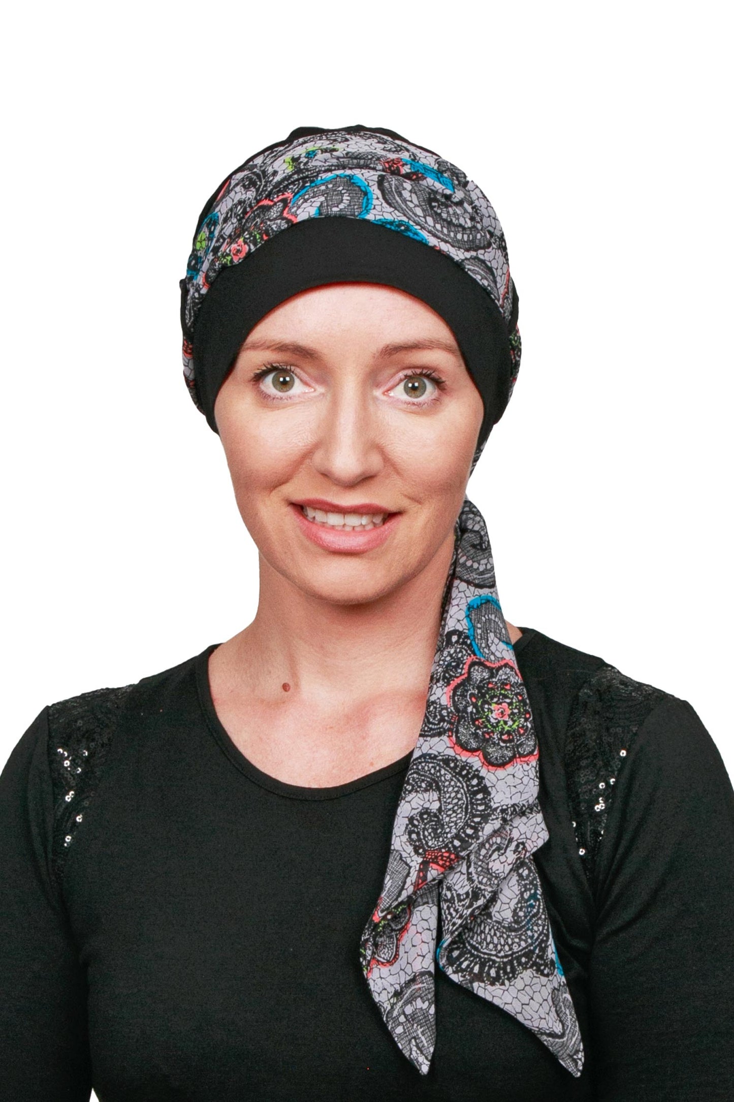 Neon Scarf Cancer Hat - Paisley Grey Black 2 - Kaus Hats