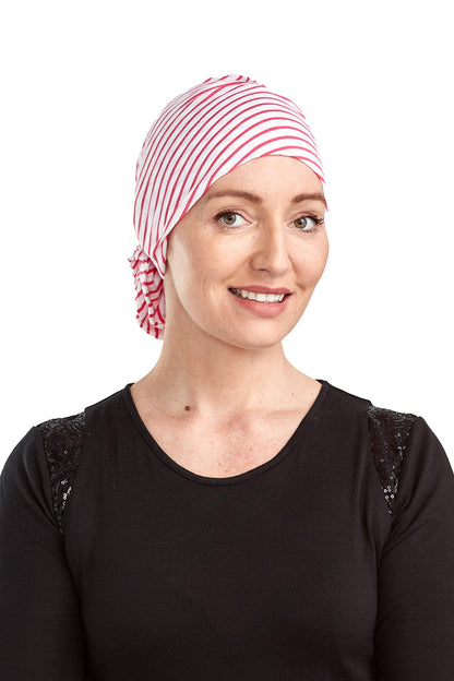 Raspberry Turban Cancer Hat - Raspberry White Stripe 1 - Kaus Hats