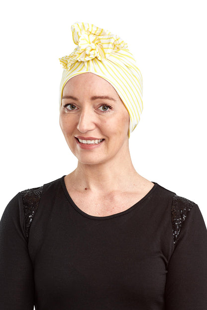 Sunlight Cancer Turban Hat - Yellow White Stripe 1 - Kaus Hats