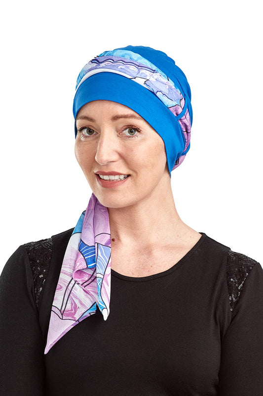 Waterlily Scarf Cancer Hat - Blue Purple Floral 1- Kaus Hats