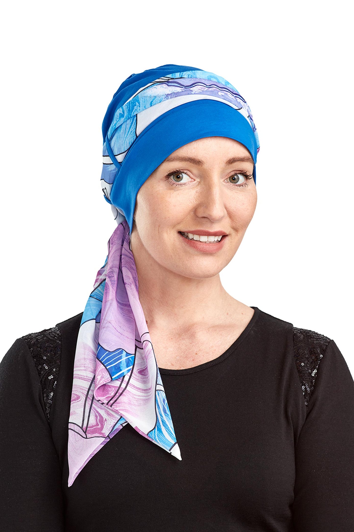 Waterlily Scarf Cancer Hat - Blue Purple Floral 2- Kaus Hats