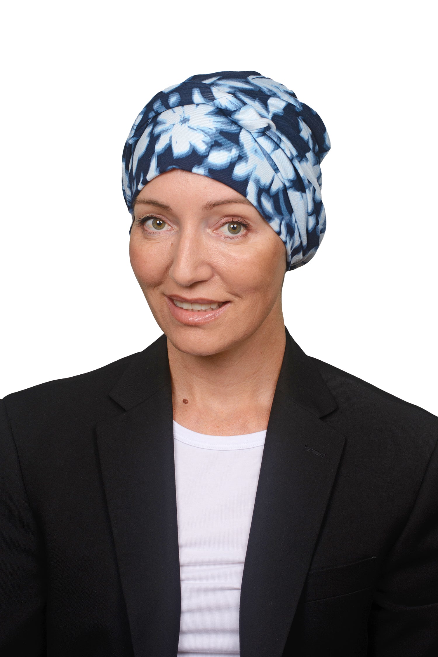 Women wearing a headwrap for cancer in ink and blue as a head covering