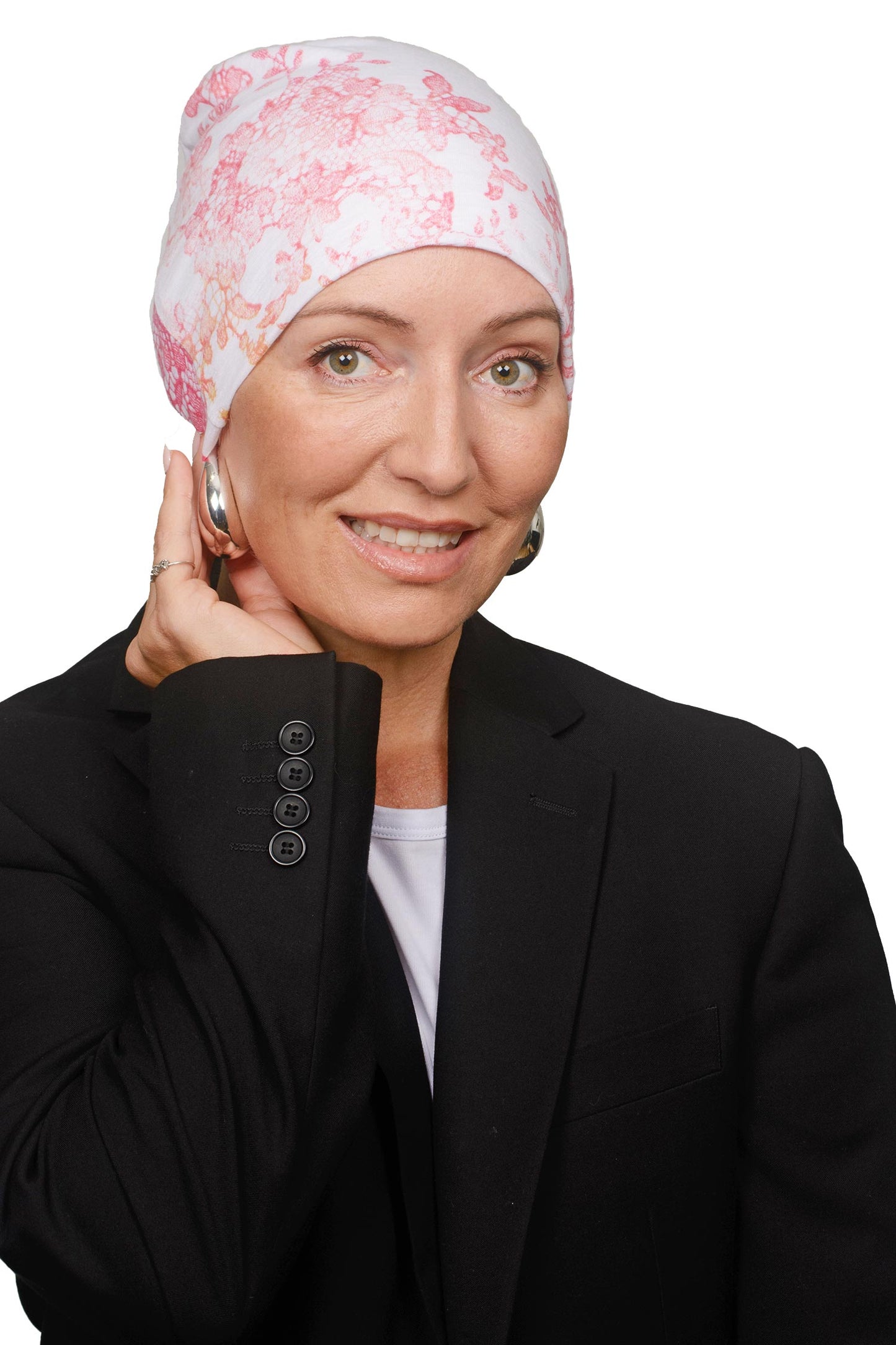 women wearing a floral printed cancer hat as a head covering