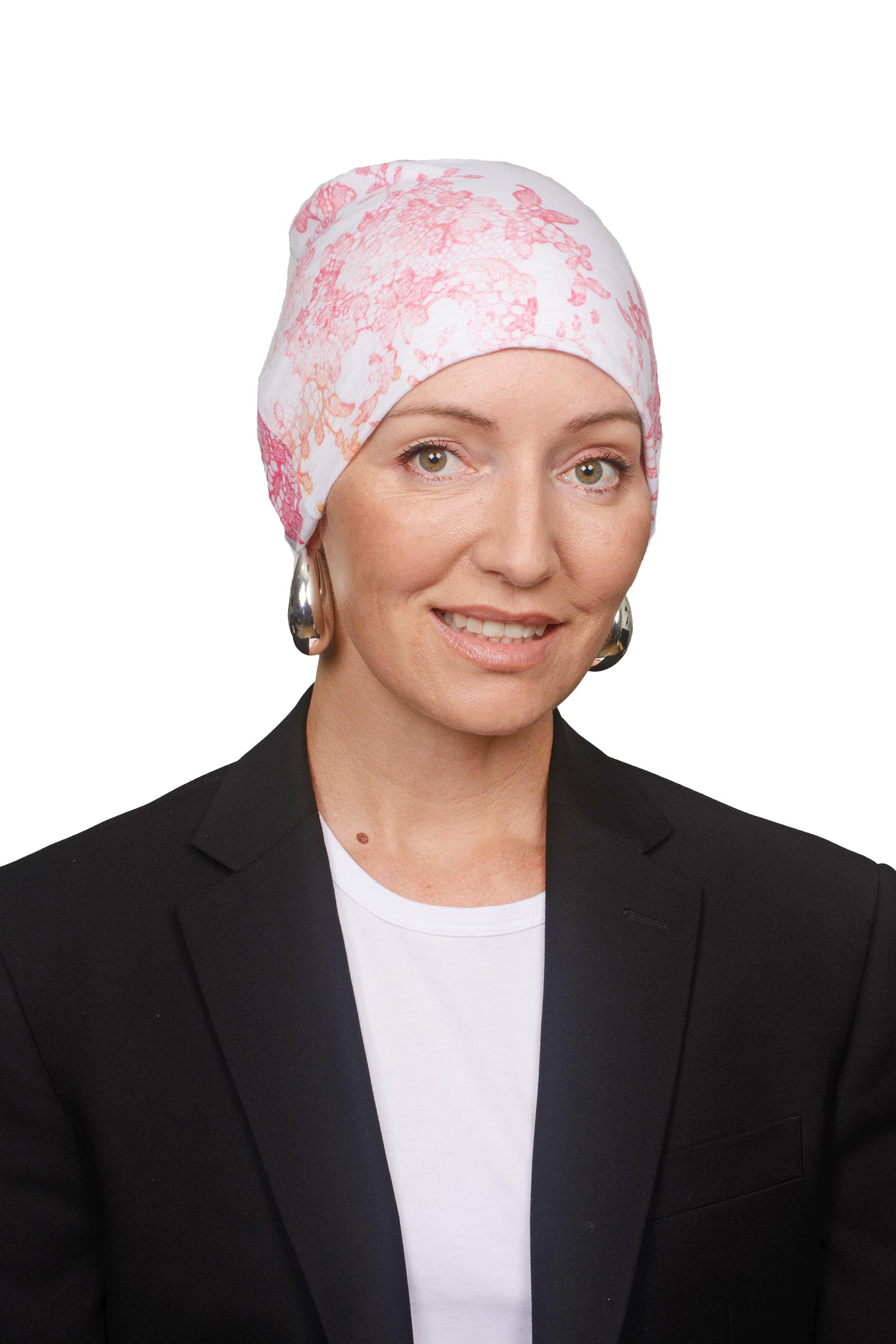 women wearing a floral printed cancer hat as a head covering