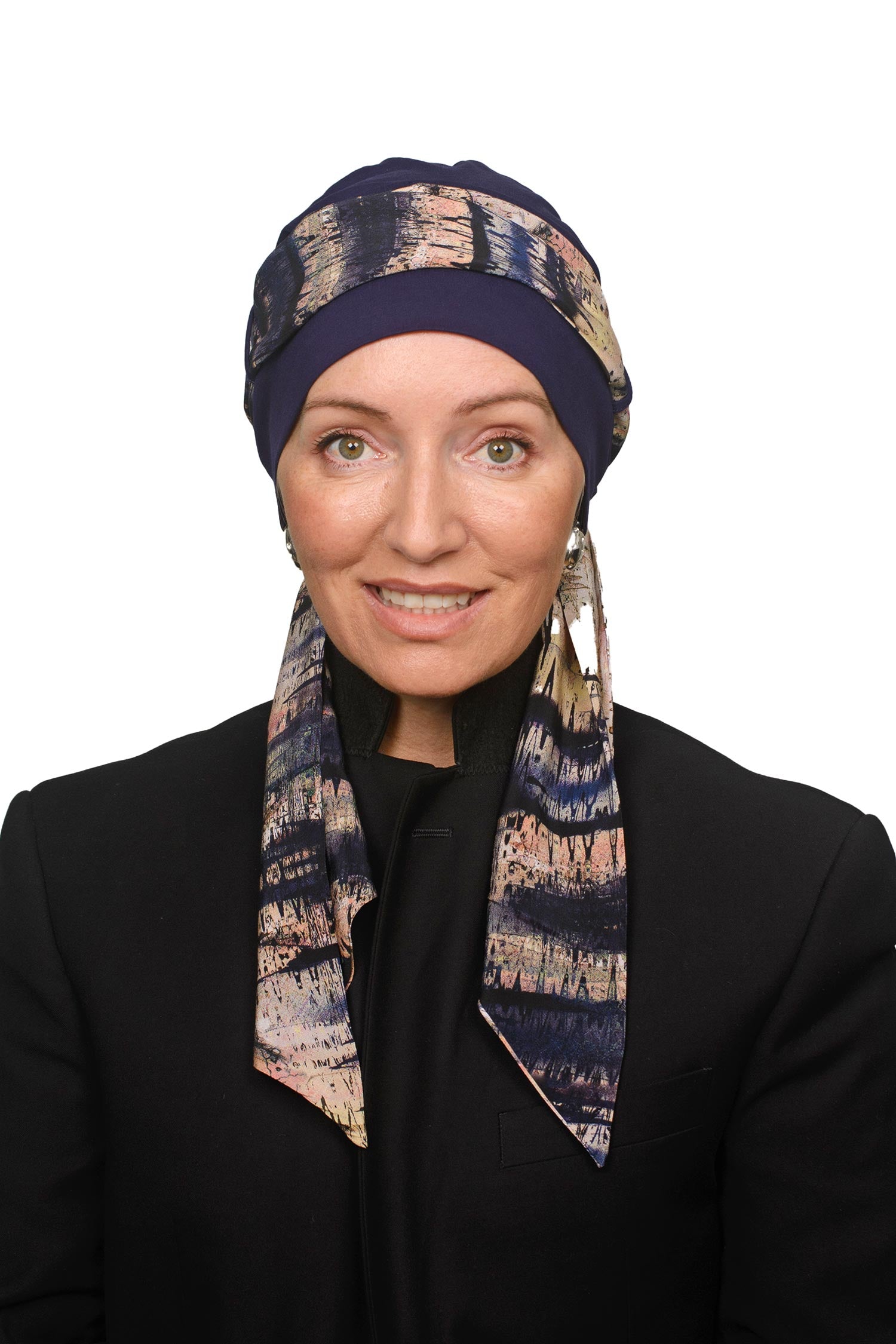 Women wearing a cancer scarf and cap as a headcovering