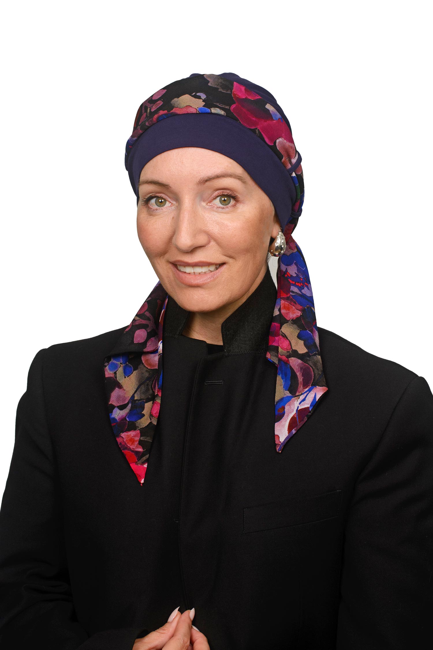Women wearing a cancer hat as a headscarf in ink with a colourful floral scarf