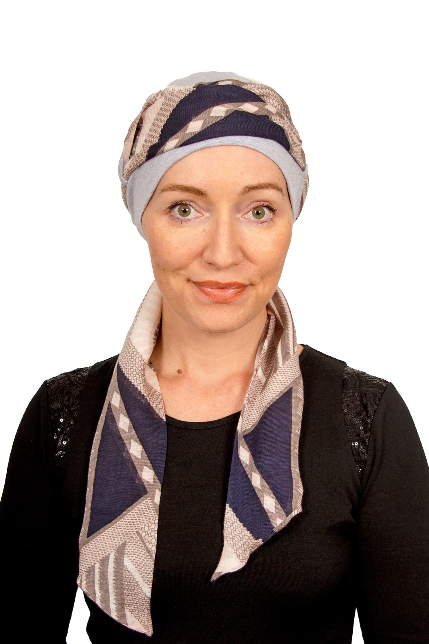 Women Wearing a cancer cap with a scarf attached as a head covering in grey in NZ