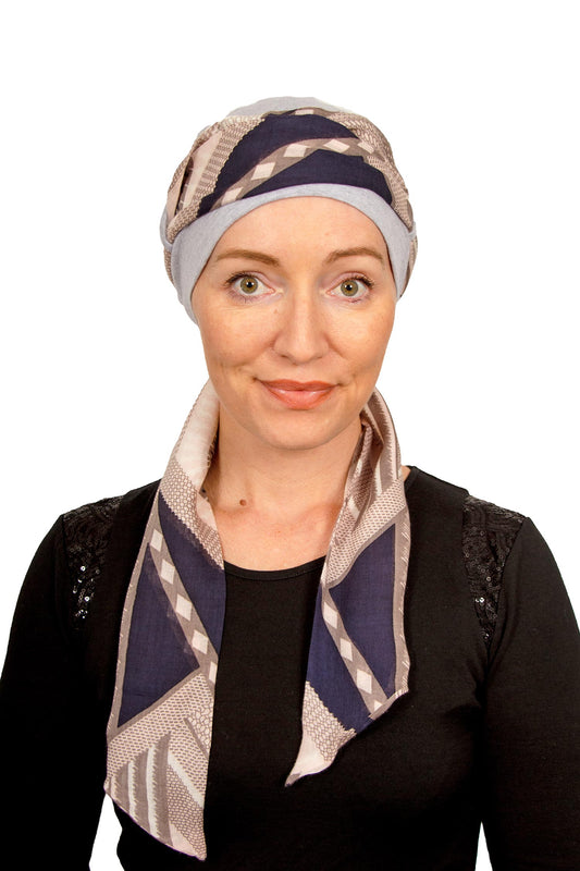Women Wearing a cancer cap with a scarf attached as a head covering in grey in NZ