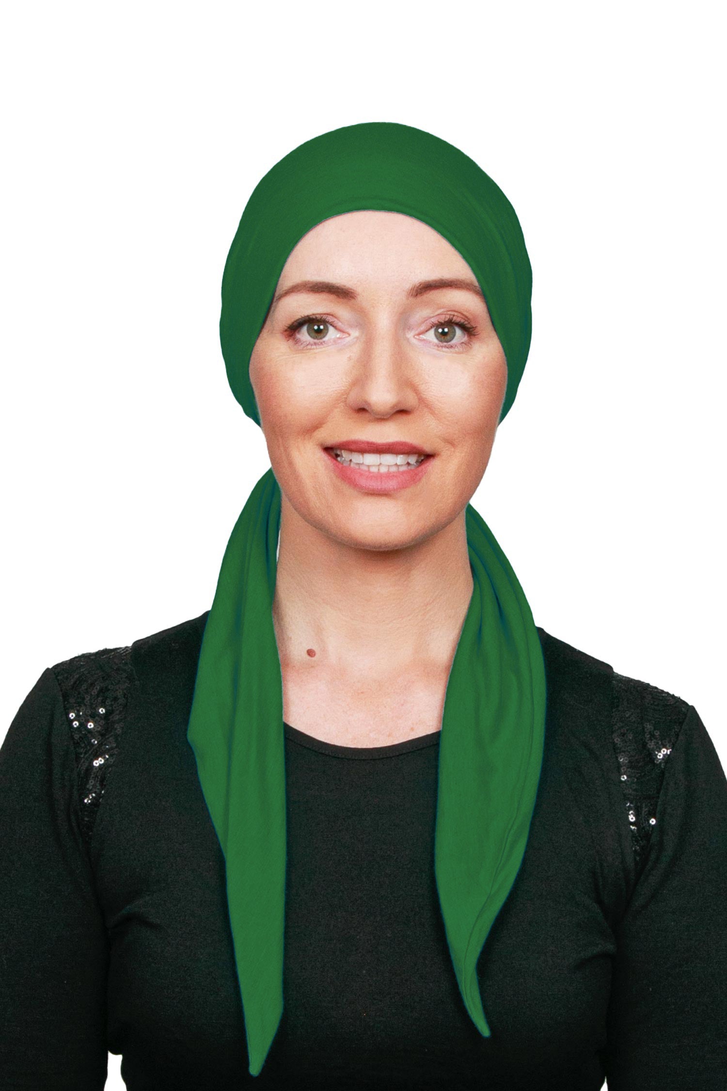 Woman wearing a green headscarf on a white background
