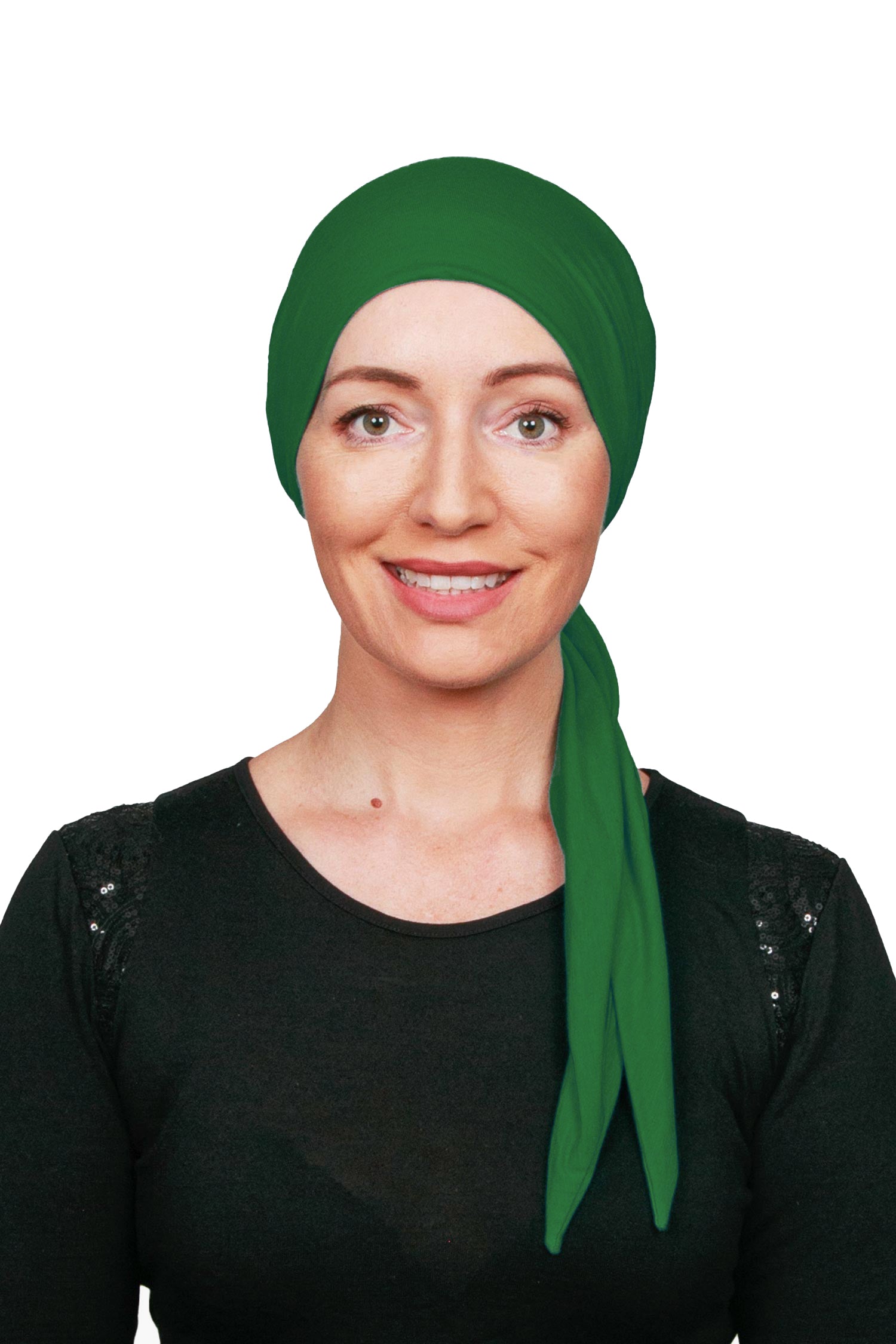 Woman wearing a green headscarf on a white background