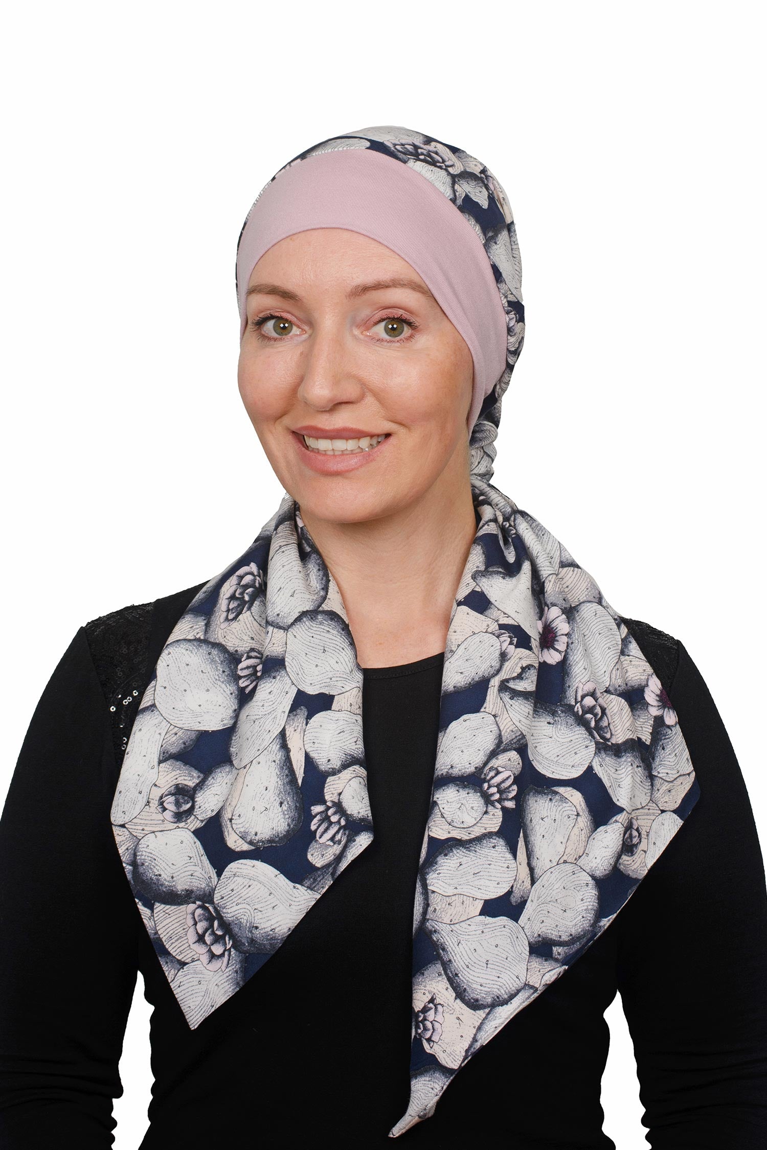 Women Wearing Cancer Scarf Hat with stretch in pink and blue - Headcover, Scarf and Cancer Hat