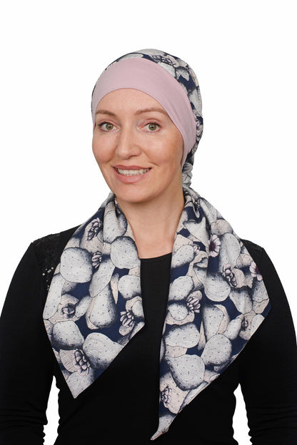 Women Wearing Cancer Scarf Hat with stretch in pink and blue - Headcover, Scarf and Cancer Hat