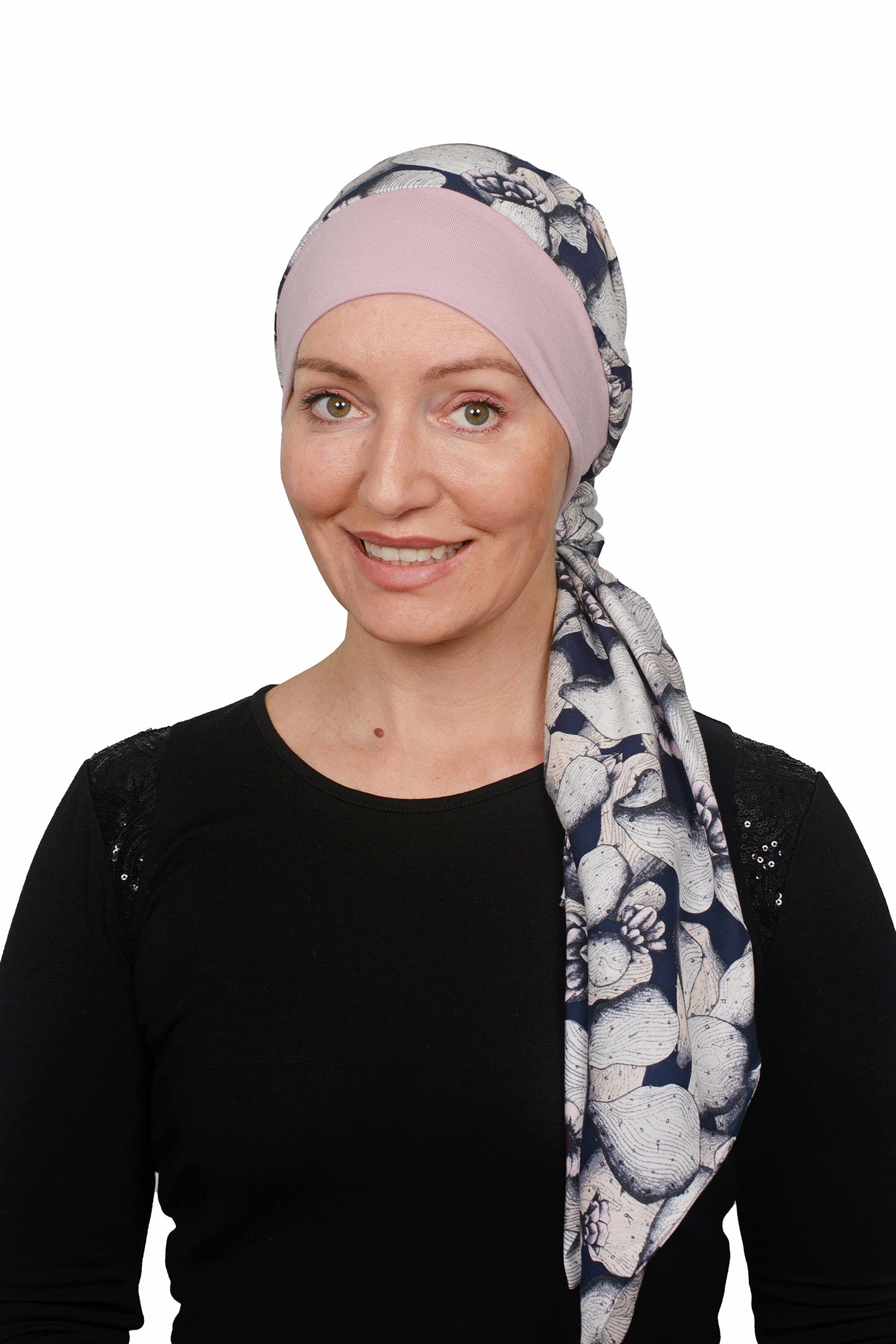Women Wearing Cancer Scarf Hat with stretch in pink and blue - Headcover, Scarf and Cancer Hat