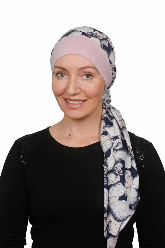 Women Wearing Cancer Scarf Hat with stretch in pink and blue - Headcover, Scarf and Cancer Hat