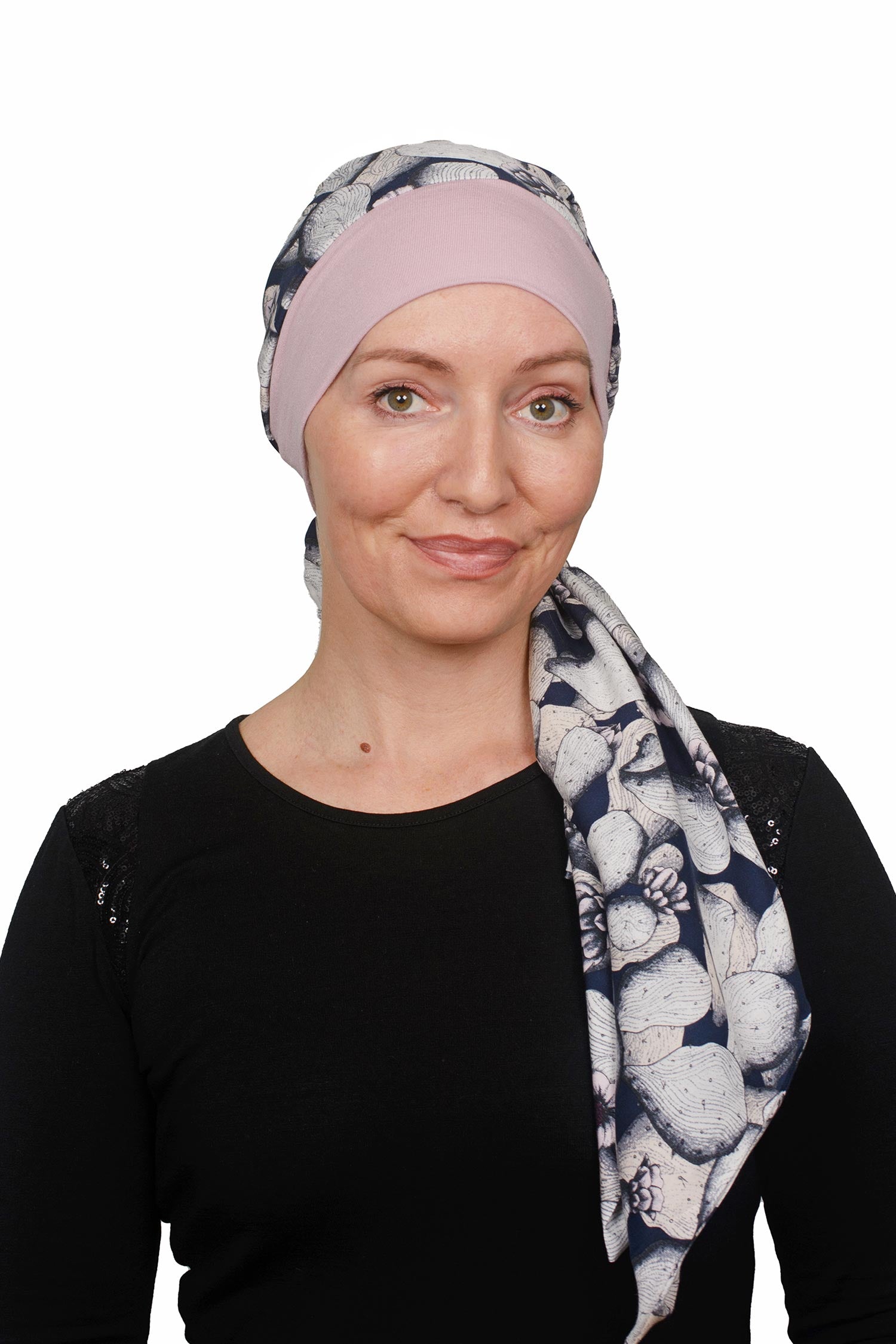 Women Wearing Cancer Scarf Hat with stretch in pink and blue - Headcover, Scarf and Cancer Hat