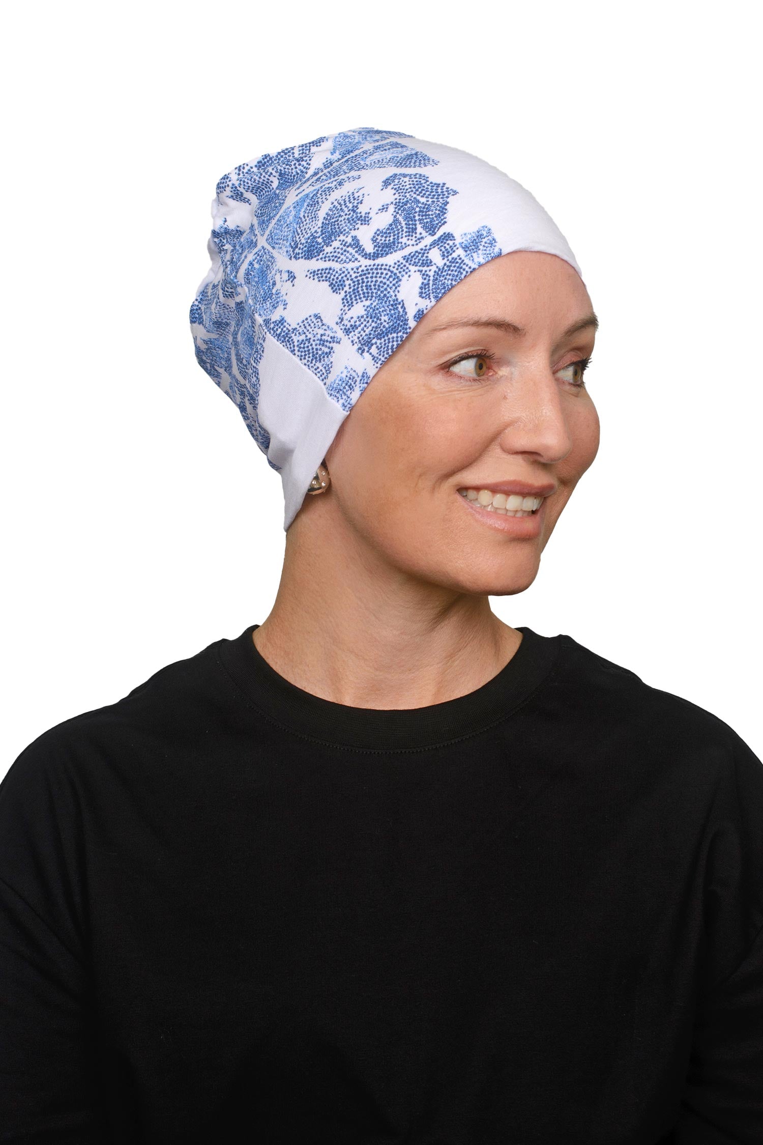Women wearing a cancer nightcap in white and blue as a headcovering