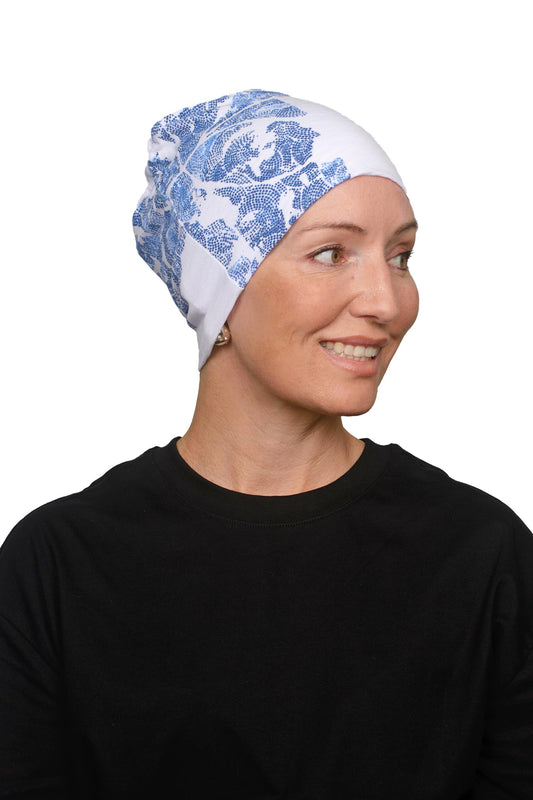 Women wearing a cancer nightcap in white and blue as a headcovering