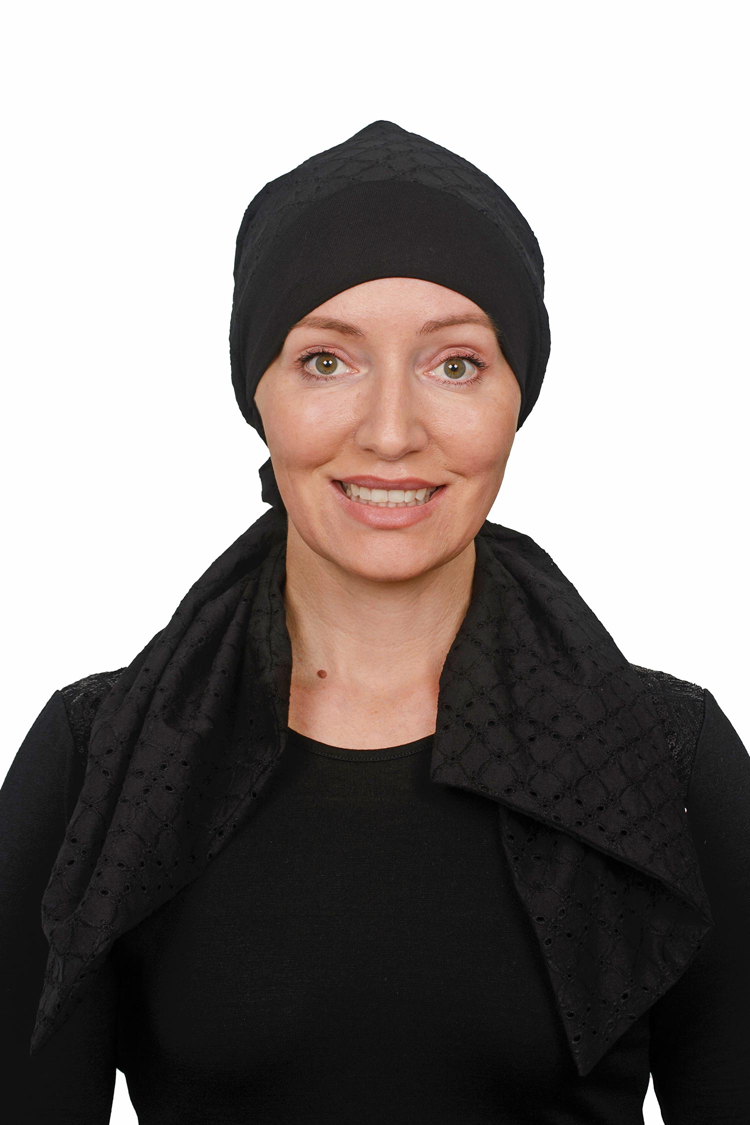Women wearing a cancer scarf hat with a scrunchie and a band with embroidery cotton fabric as a wearable head scarf