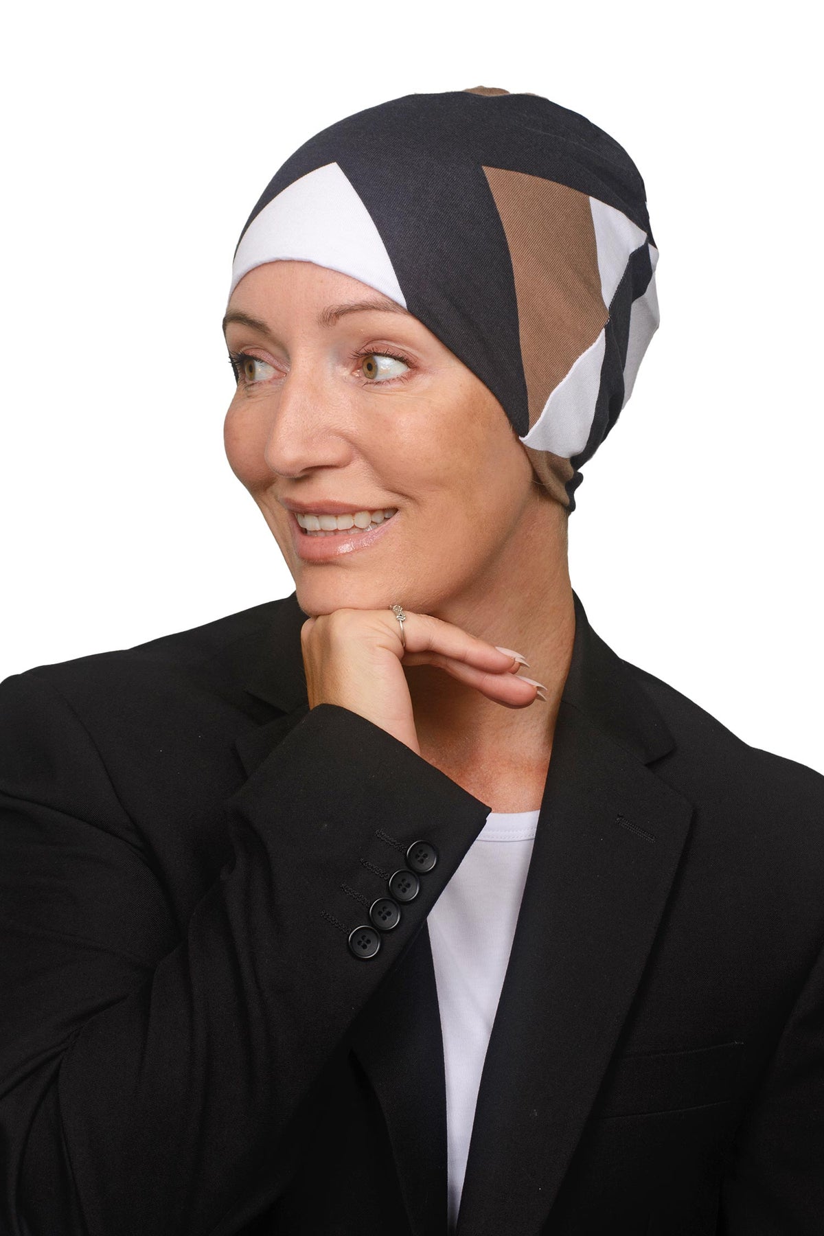 Women Wearing a mocha and black and white nightcap as a head covering for hair loss