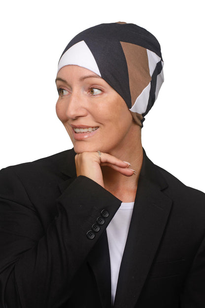 Women Wearing a mocha and black and white nightcap as a head covering for hair loss