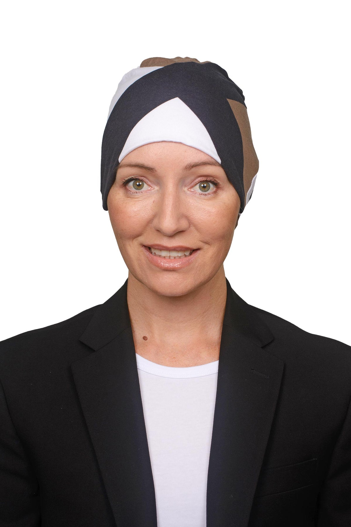 Women Wearing a mocha and black and white nightcap as a head covering for hair loss