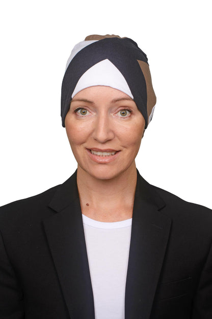 Women Wearing a mocha and black and white nightcap as a head covering for hair loss