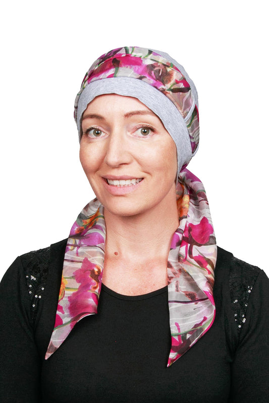Serenity Cancer Scarf Hat - Silver Pink Floral - Kaus Hats