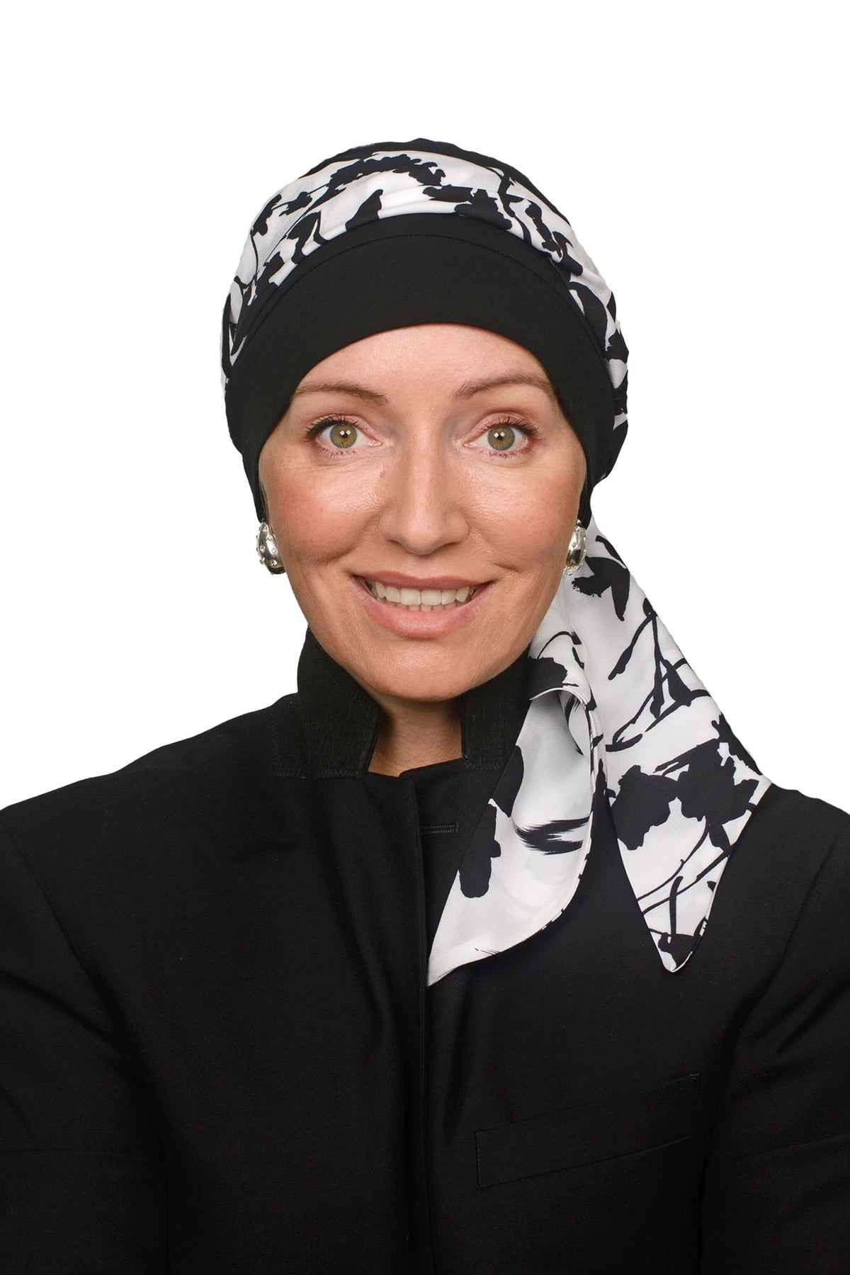 Women wearing a black head scarf in a black and white for hair loss