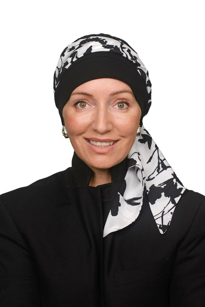 Women wearing a black head scarf in a black and white for hair loss