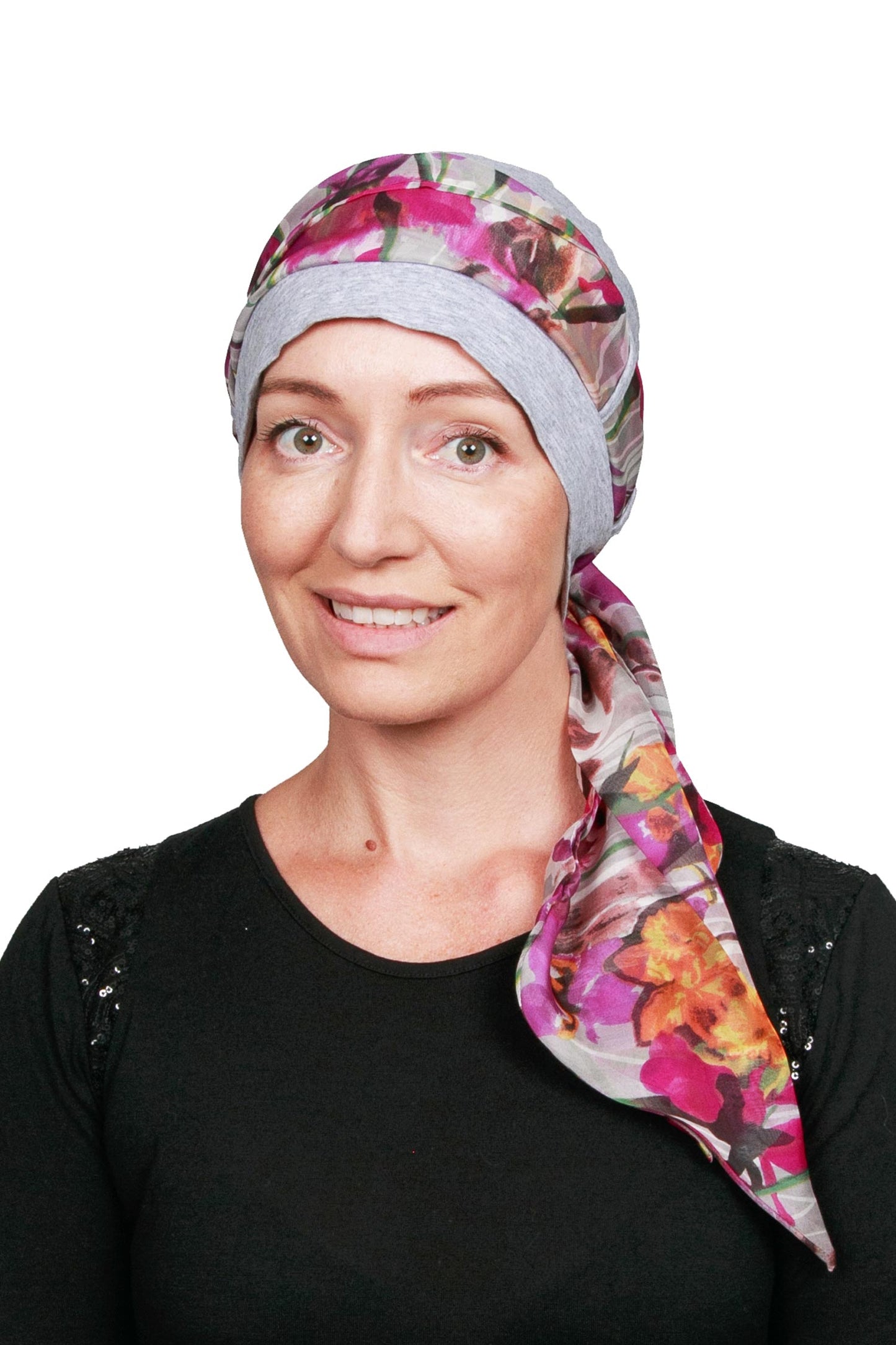 Serenity Cancer Scarf Hat - Silver Pink Floral 2 - Kaus Hats