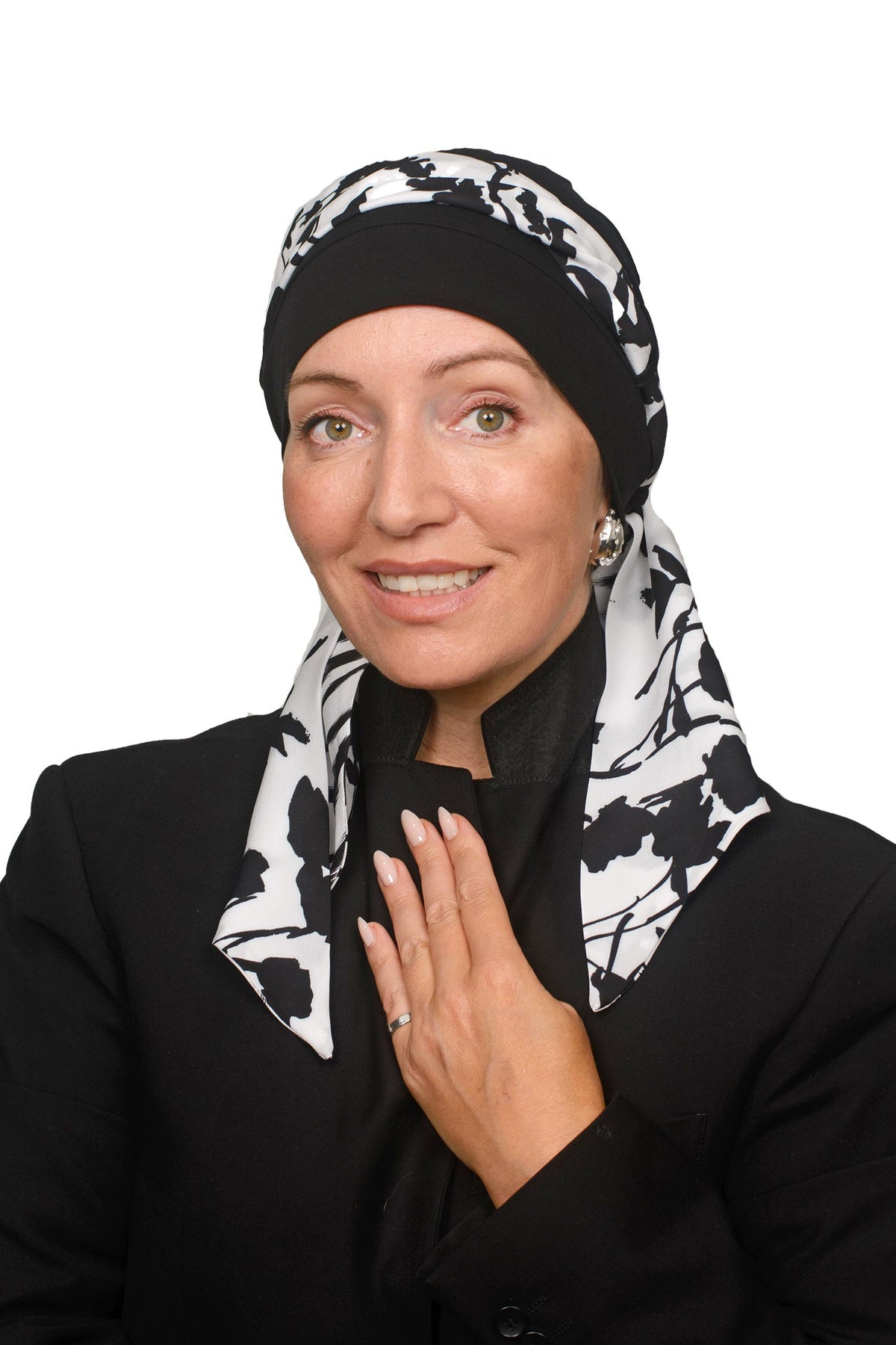 Women wearing a black head scarf in a black and white for hair loss