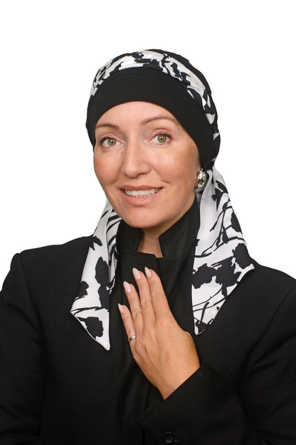 Women wearing a black head scarf in a black and white for hair loss
